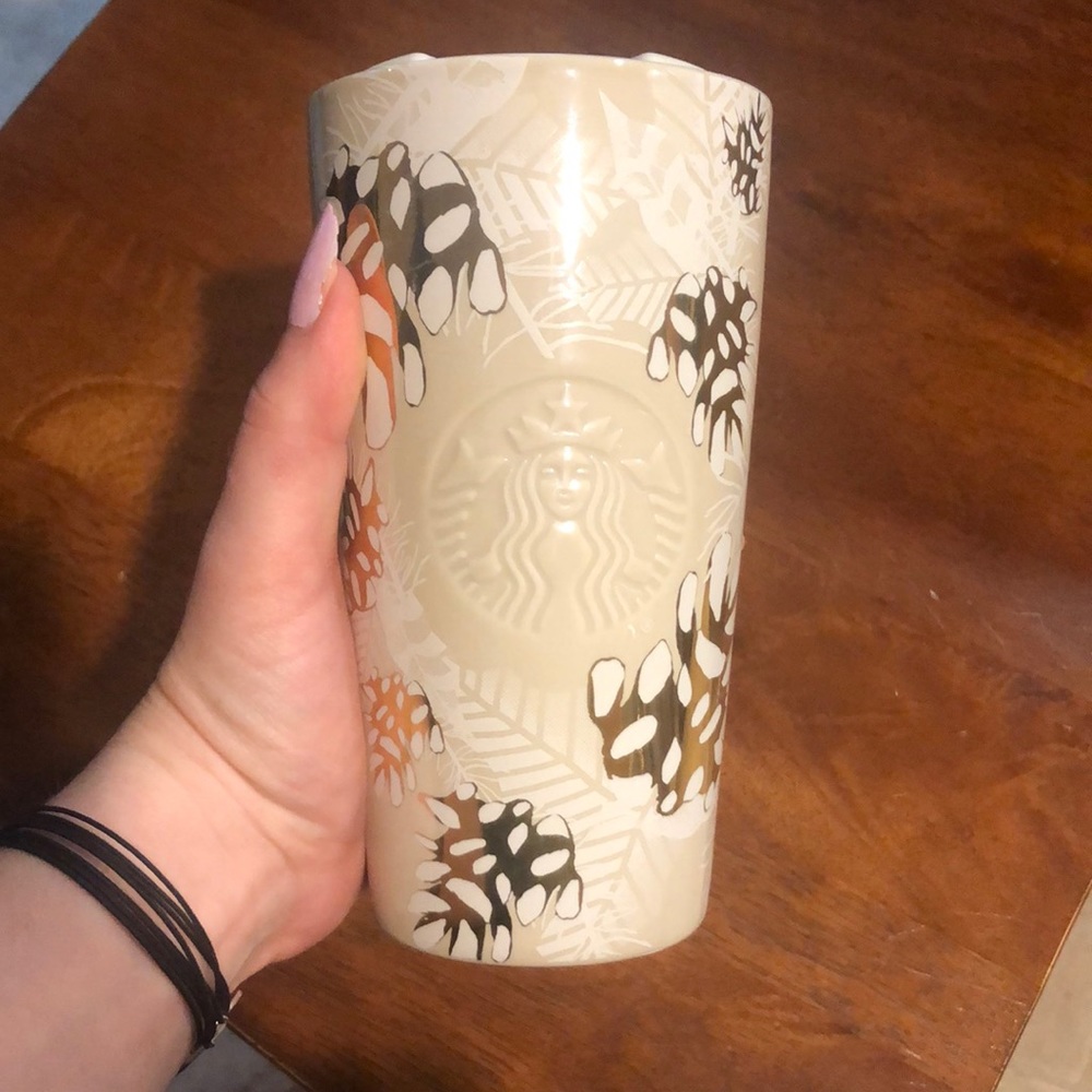 Starbucks white and gold ceramic tumbler holiday 2020